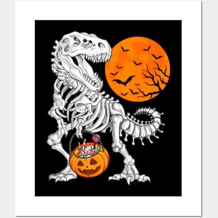 Halloween Boys Dinosaur Skeleton T rex Scary Pumpkin Moon Posters and Art